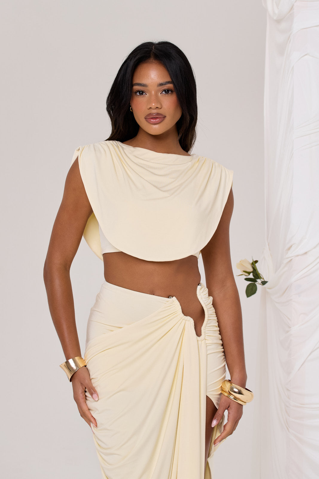 COLE RUCHED CROP TOP IN BUTTER LEMON
