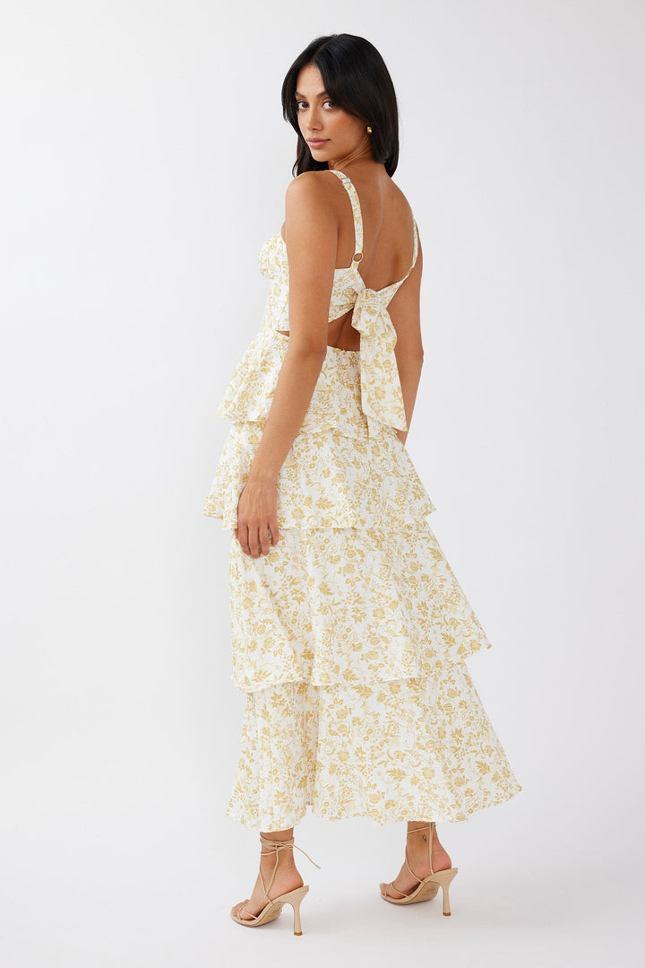 Provence Bloom Tiered Midi Dress Floral Yellow